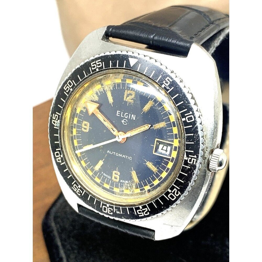 Elgin Mens Watch Diver Swiss Automatic Vintage Black Dial Date Leather Band 42mm